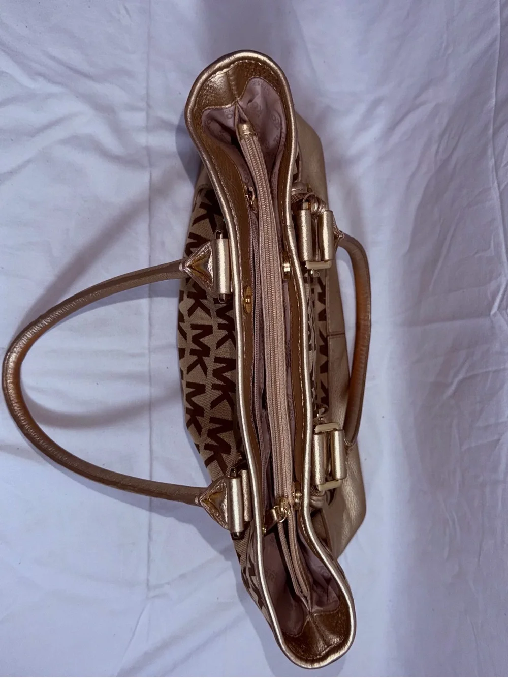 Michael Kors Gold Signature Jacquard Metallic Leather Satchel Bag